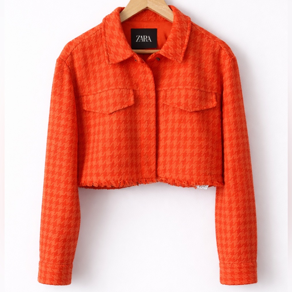 Zara Orange Tweed Houndstooth Cropped Blazer Medium Tailored Jacket